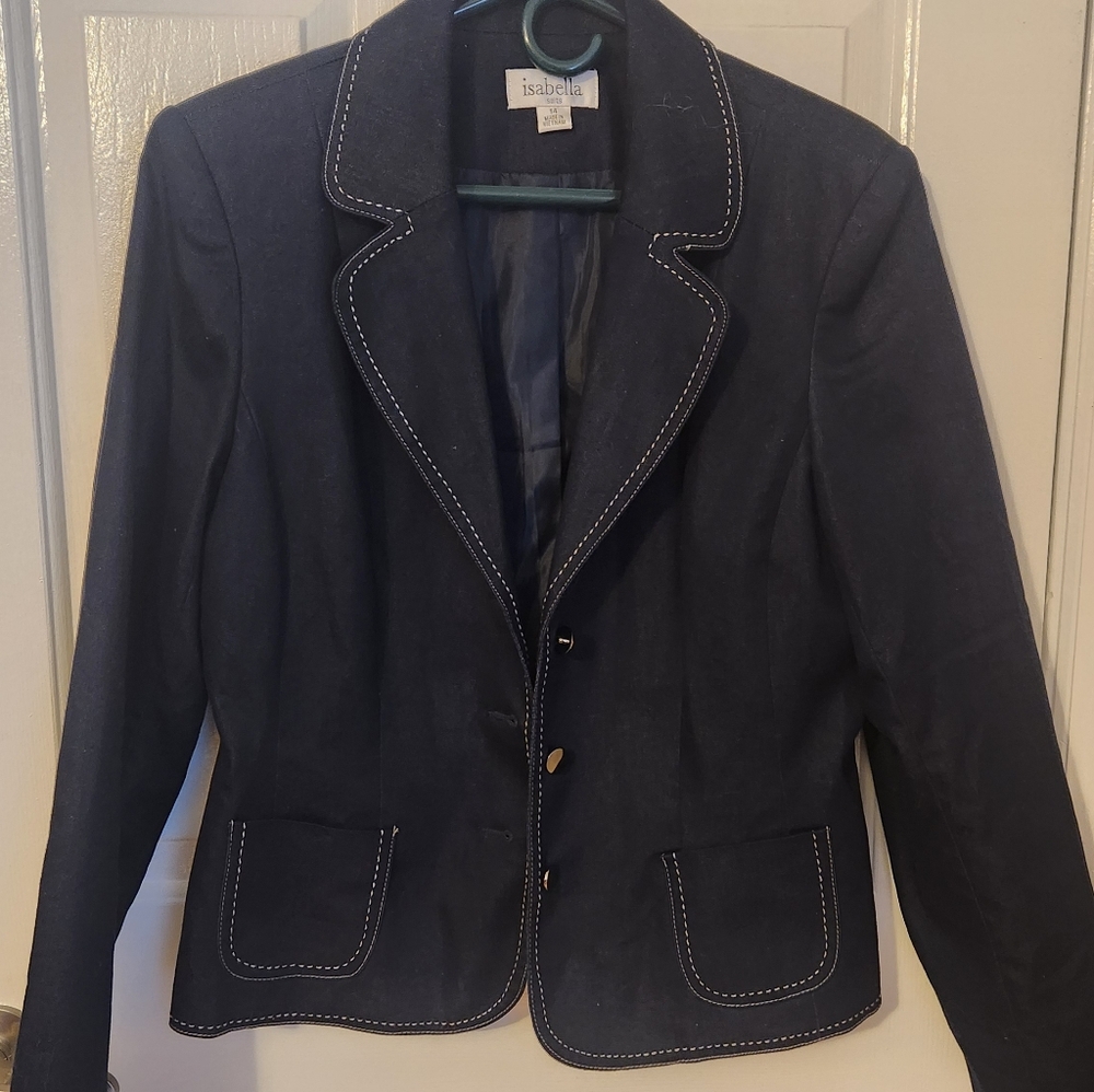 Classic Isabella Suits Navy Blazer with White Stitching With Silver Buttons